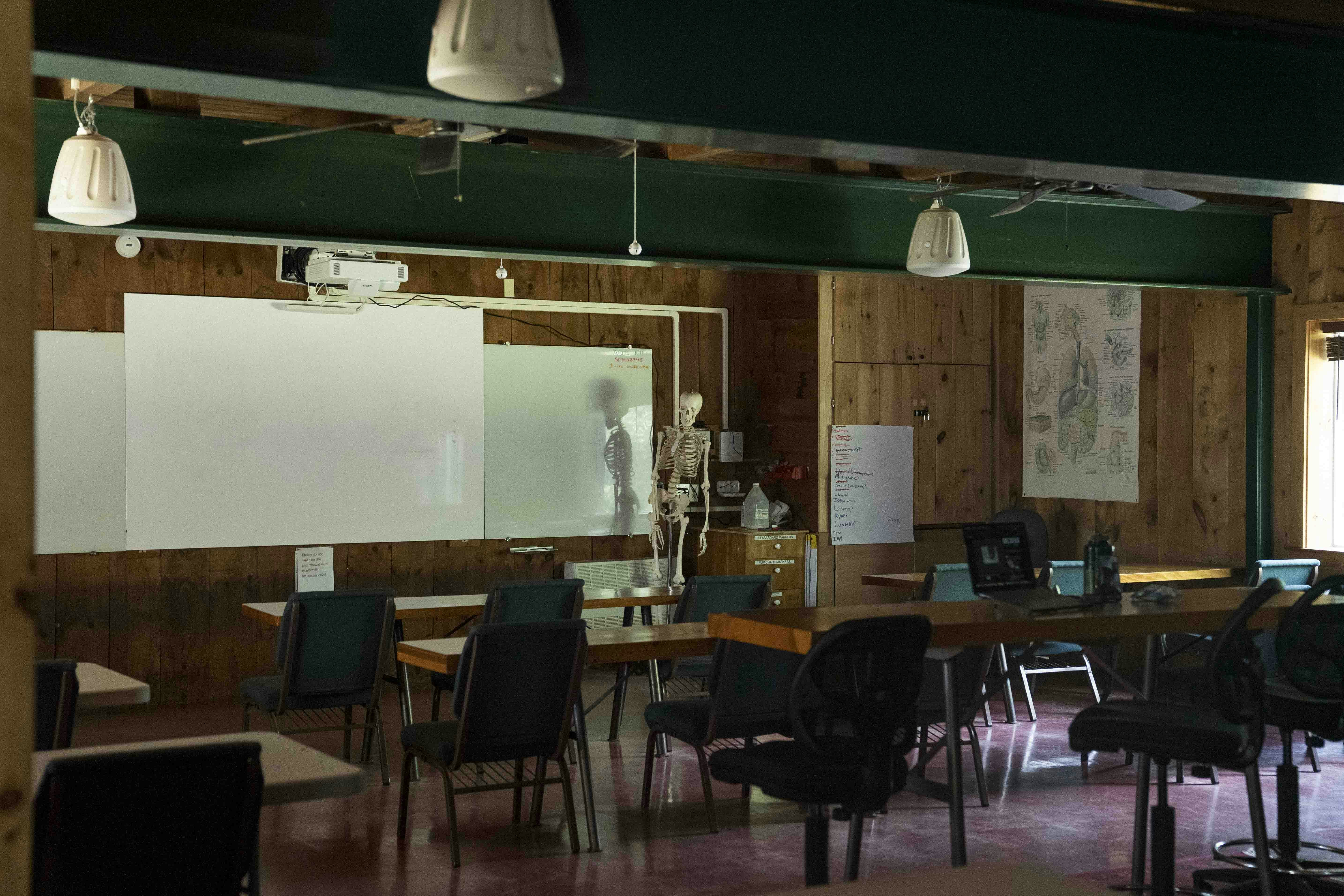 Classroom with desks, chairs, and a skeleton model.