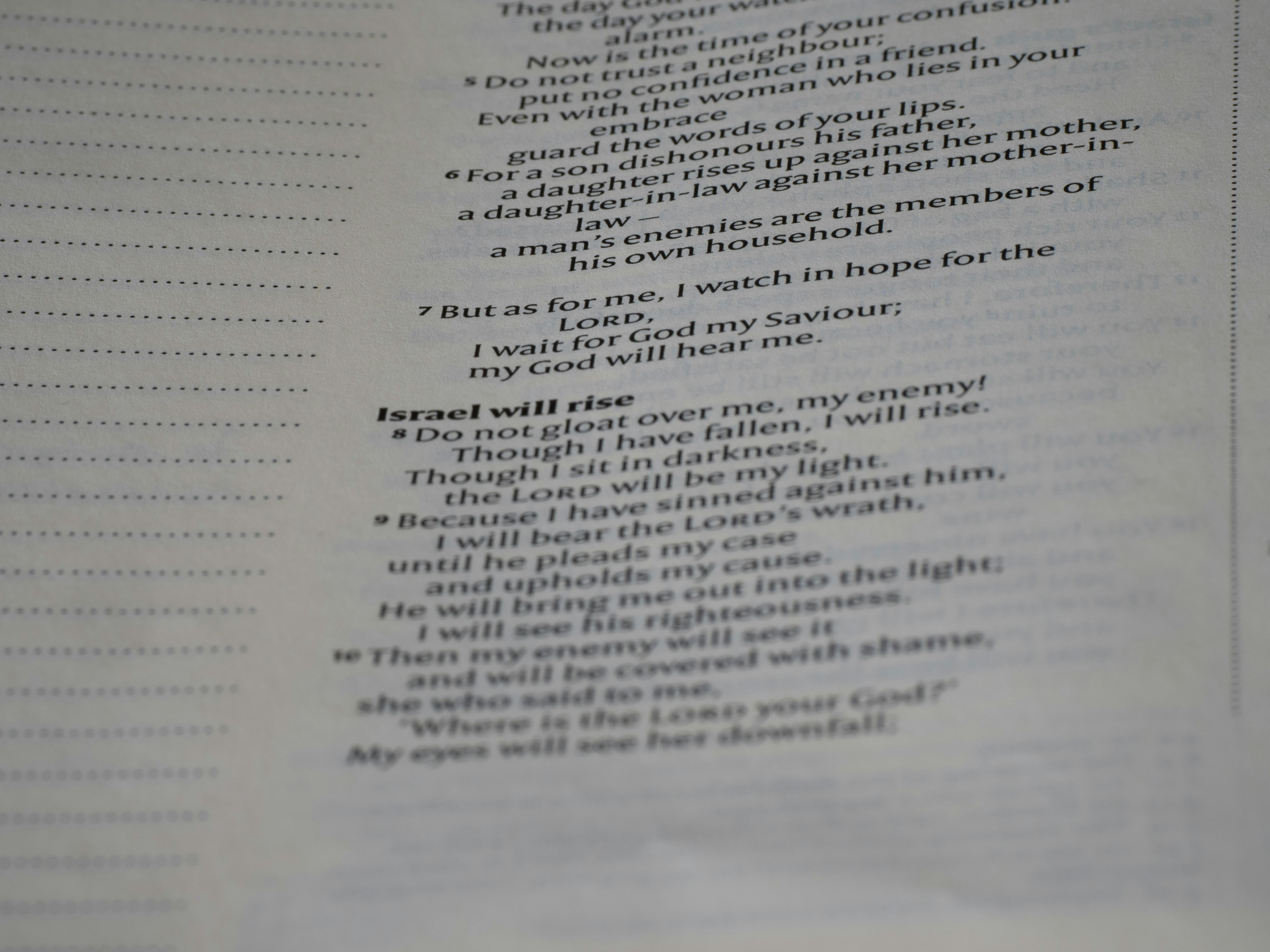 Close up, bokeh, macro, blur, blurred background, close focus, bible, old testament, hebrew bible, christian, judaism, history, text, reading, bible study, devotions, New International Version, type, typography, canon, christianity, scripture, old testament, hebrew bible, micah, micheas, minor prophet, jotham, ahaz, hezekiah, by School Play Scripts a close up of a text on a book