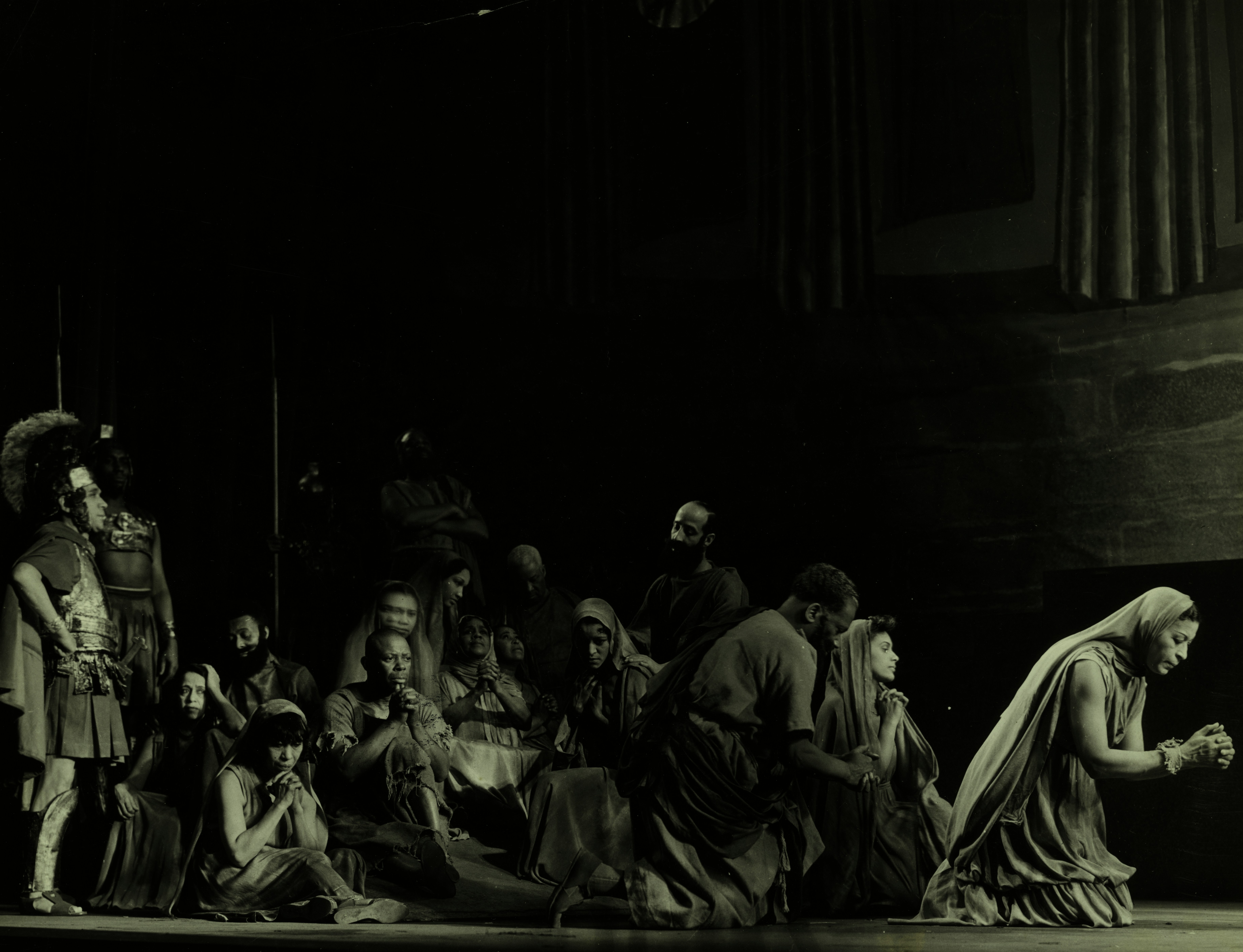 1938. Actors performing a praying scene by School Play Scripts people painting