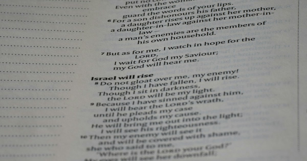 Close up, bokeh, macro, blur, blurred background, close focus, bible, old testament, hebrew bible, christian, judaism, history, text, reading, bible study, devotions, New International Version, type, typography, canon, christianity, scripture, old testament, hebrew bible, micah, micheas, minor prophet, jotham, ahaz, hezekiah, by School Play Scripts a close up of a text on a book